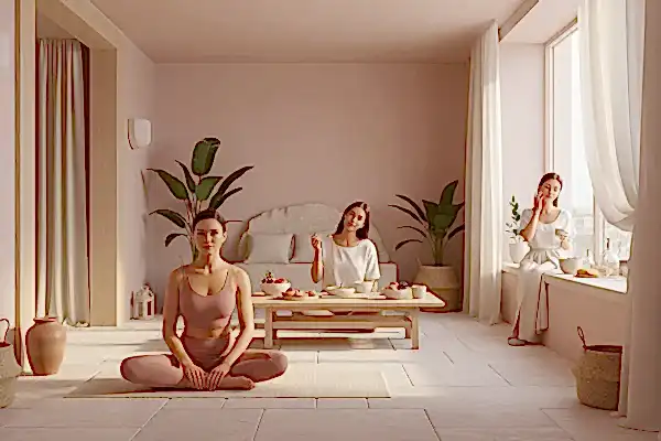 Create picture with theme color HEX EBD9D9 describing the following with real persons and environment: Everything—from the earthy, minimalist design to the curated services—is intentionally crafted to create a deep sense of harmony and belonging. The natural tones, gentle lighting, and organic materials invite calm and reflection, while each experience—whether a Pilates session, a nourishing meal, or a self-care ritual—guides women toward inner balance and renewal.