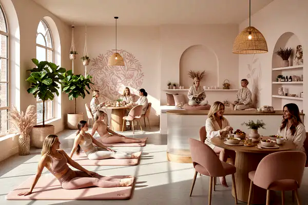 Create picture with theme color HEX EBD9D9 describing the following with real persons and environment: Our mission at Women Temple is to create a sanctuary where women feel seen, supported, and empowered, a place where daily rituals become moments of restoration, and care becomes a conscious choice, not a luxury. We are committed to curating exceptional experiences across every touchpoint, beginning with mindful movement through Pilates, intentional nourishment through our wellness cafe, and refined selfcar